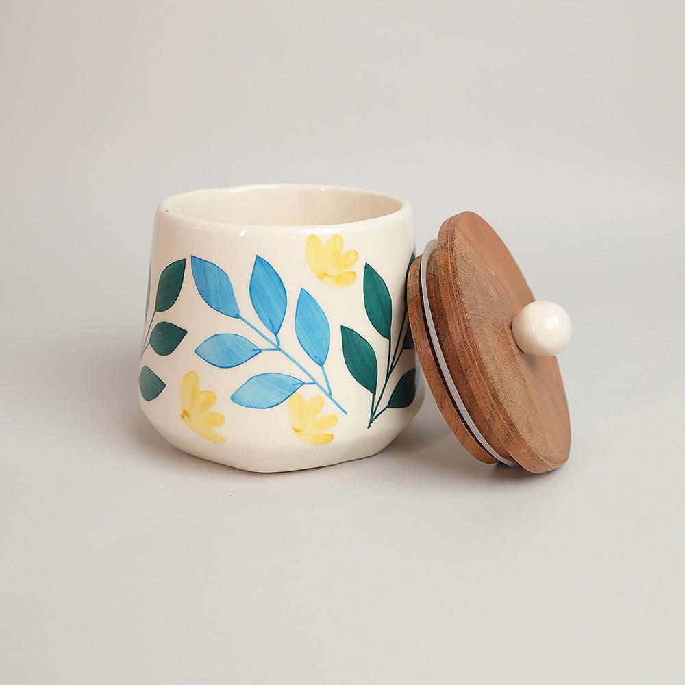 Meadow Sunshine Ceramic Storage Jars | Set of 2 Airtight Kitchen Jars with Wooden Lids