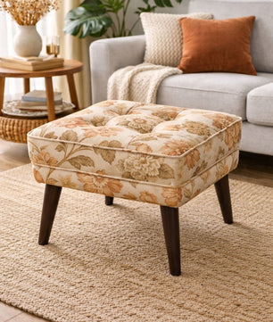 Floral Upholstered Ottoman Stool with Sagwan Wooden Legs