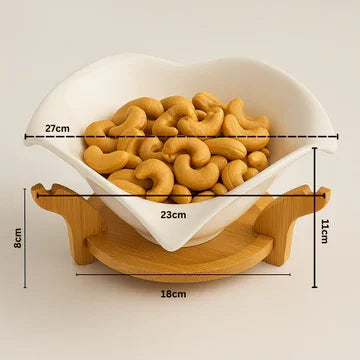 Elegant White Ceramic Leaf-Shaped Bowl with Wooden Stand – Decorative & Functional Serving Bowl