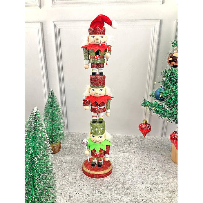 3-Tier Stacked Wooden Elves Christmas Table Decor Centerpiece