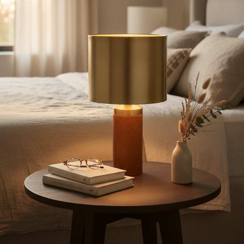 Hermes Table Lamp | Steel & Vegan Leather Designer Lamp with Brushed Brass Finish