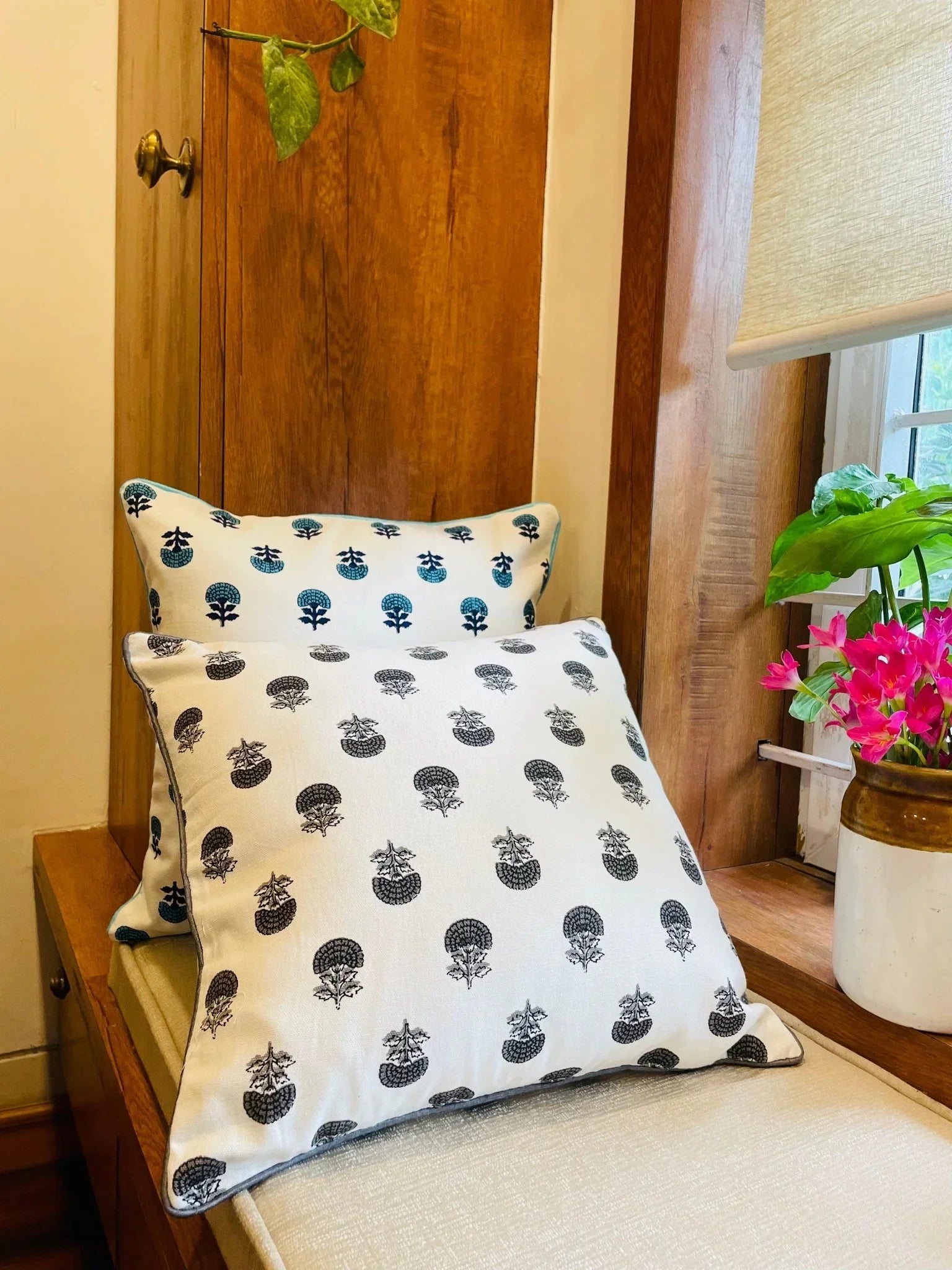 Turquoise Handblock Printed Cotton Cushion Covers - Set of 2