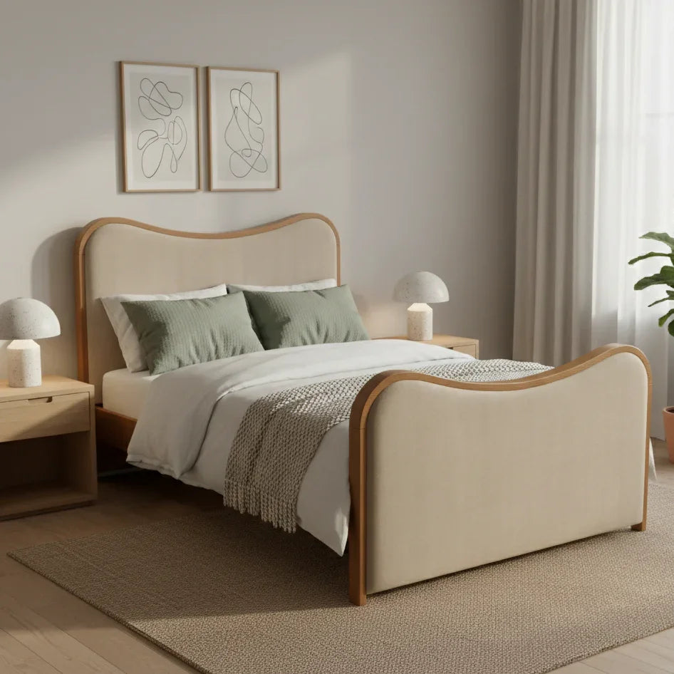 Elvora Solid Teak Wood And Fabric Upholstery King Size Bed