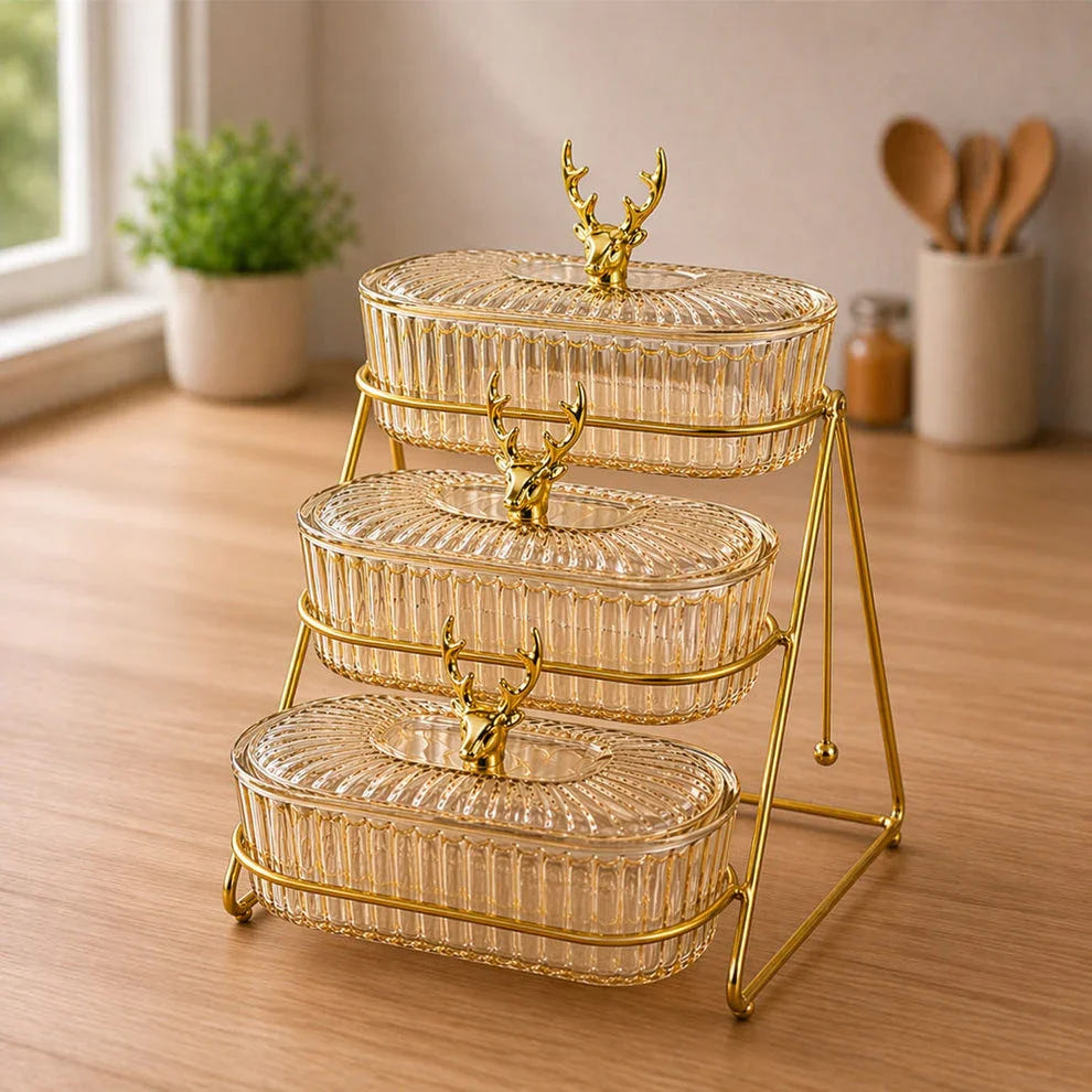 3 Tier Glass Fruit Basket with Metal Stand | Oval Tiered Fruit Basket & Snack Organizer | Detachable Dessert Stand for Kitchen Counter & Dining Table