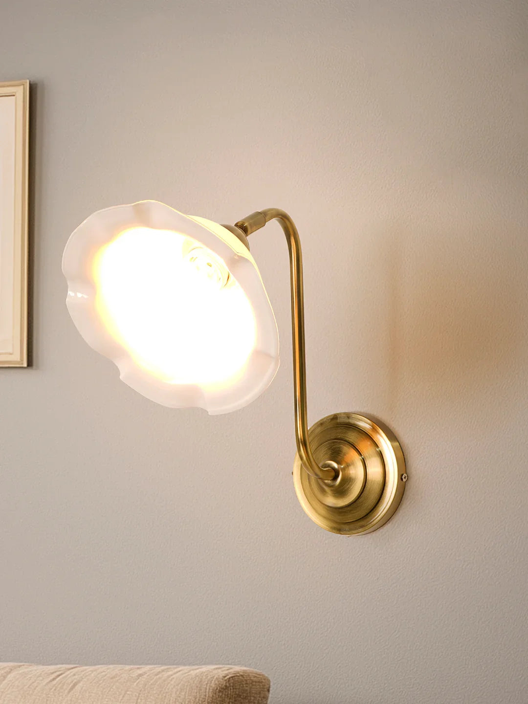 Industrial Brass Adjustable Gooseneck Wall Sconce | White Frilled Edge "Jhalar" Glass Shade