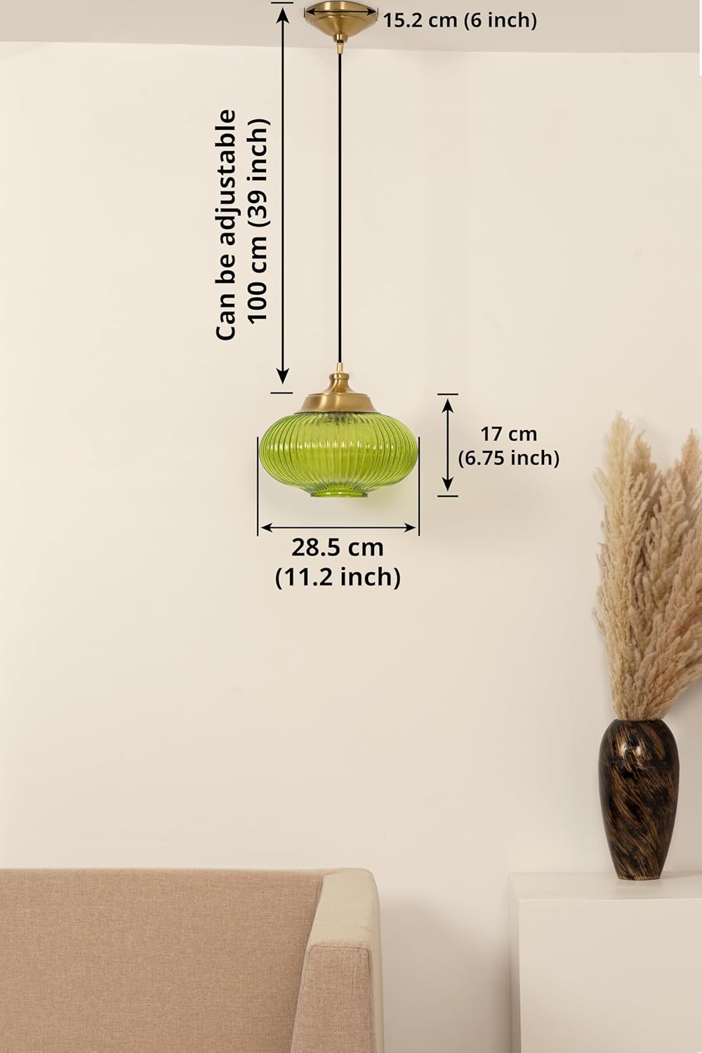 Ribbed Green Melon Glass Hanging Pendant Light Antique Brass Finish for Living Room, Bedroom, Home Decoration and Kitchen