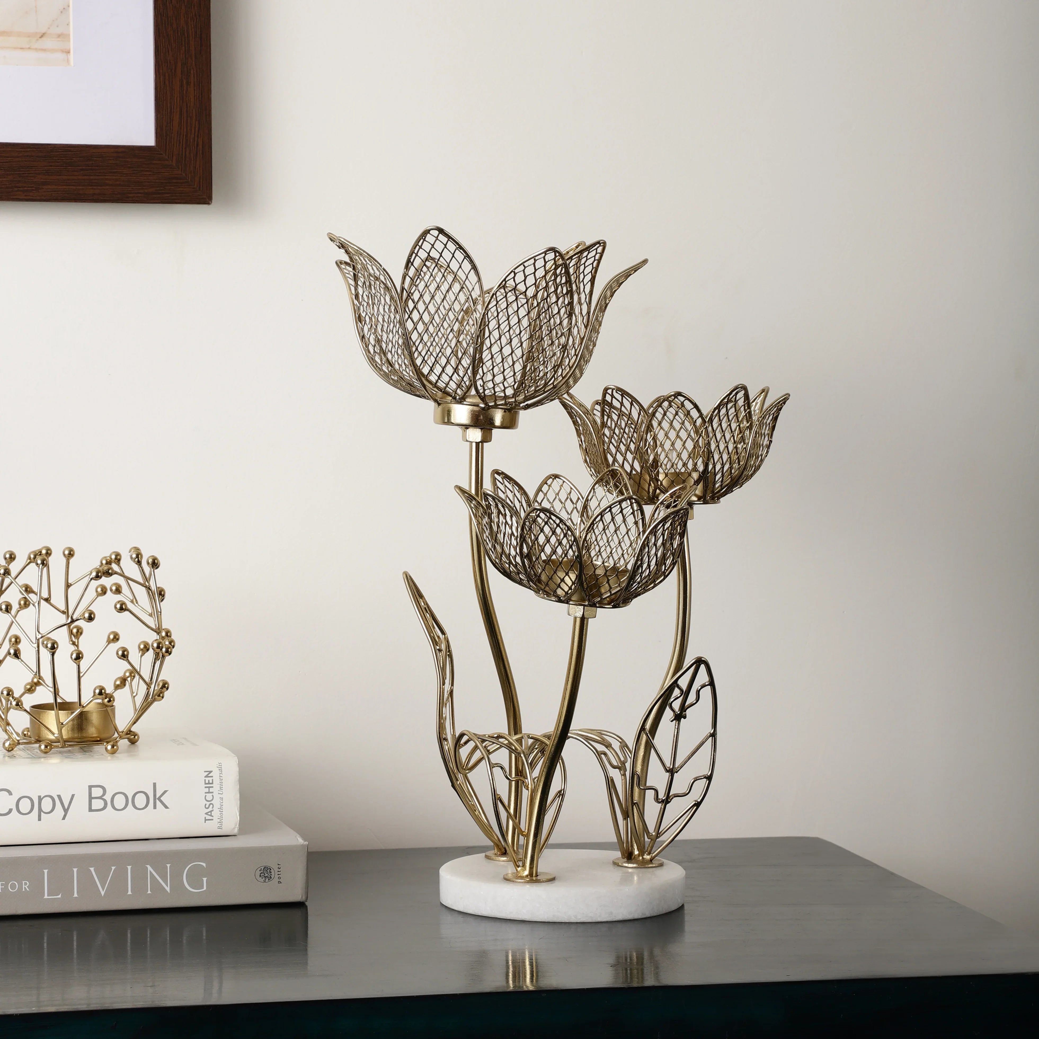 Lotus Triple-Tealight Candle Stand With Marble Base