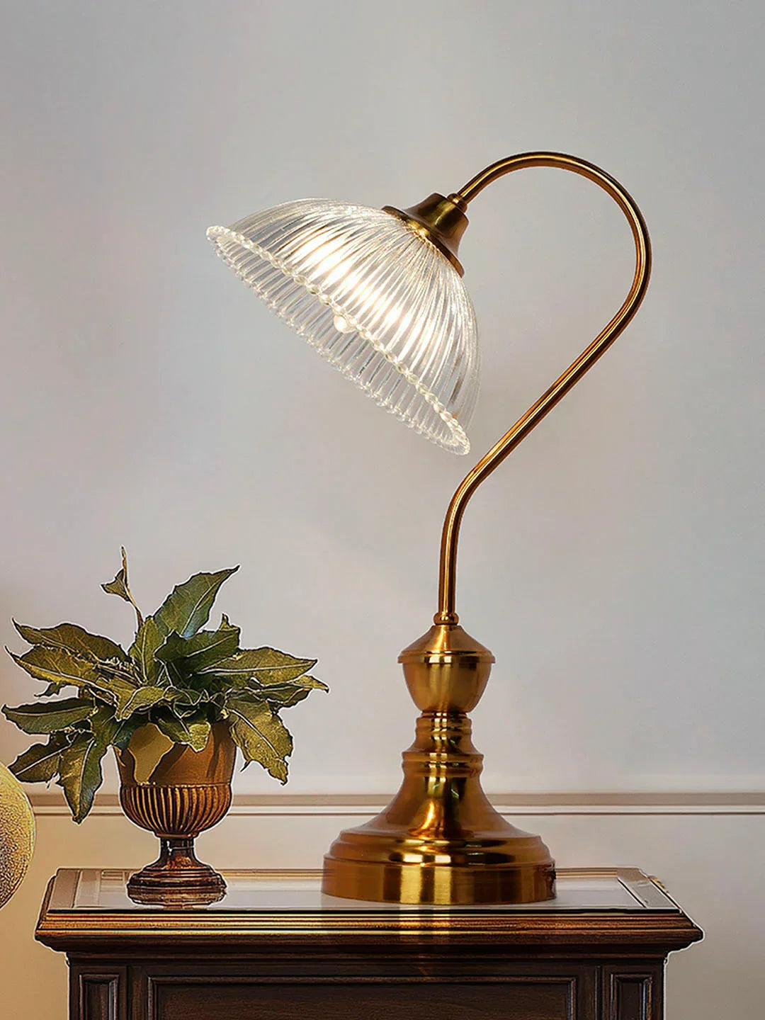 Antique Brass finished Retro Reading Lamp with Fluted Glass Bowl Shade