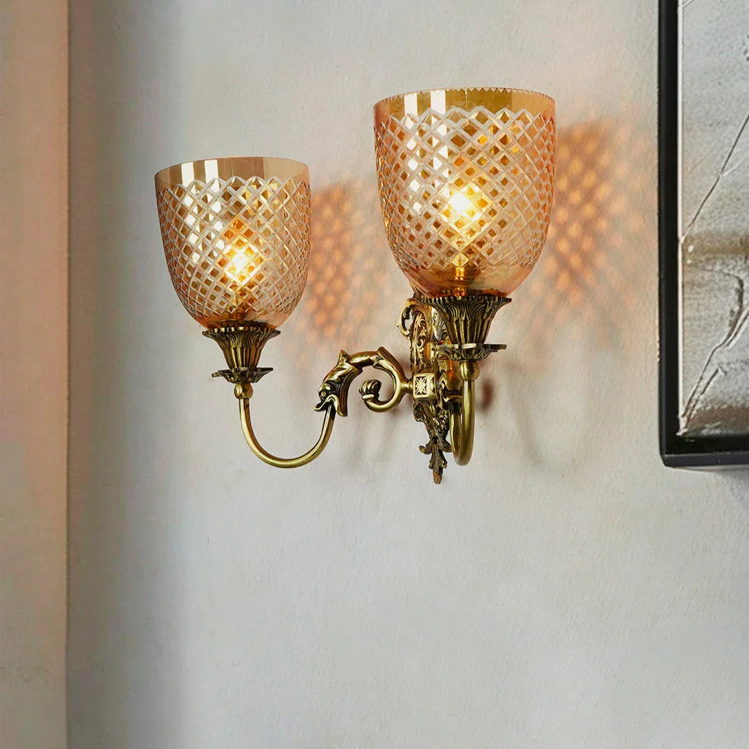 Mythical Majesty: Antique Brass Fish Double Sconce with Luster Glass