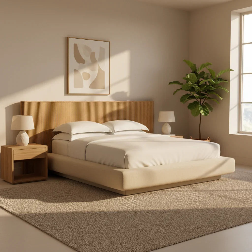 Elaris Solid Ash Wood And Fabric Upholstered King Size Bed