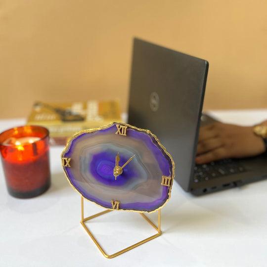 Brazilian Agate Desktop Clock with Metal Stand | Antique Timepiece