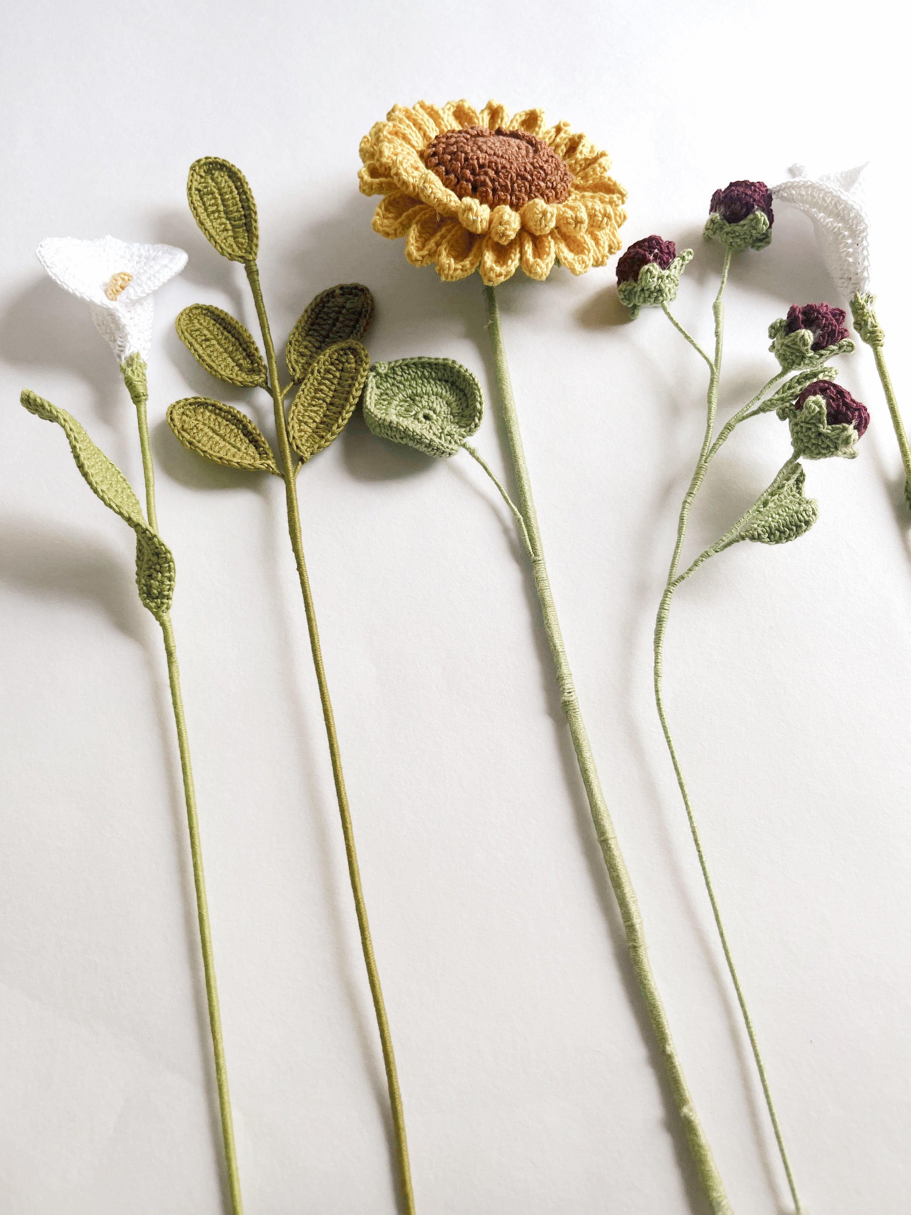 Crochet Sunflower Lily Bouquet - Multicolor / 12" height / 5 Stems
