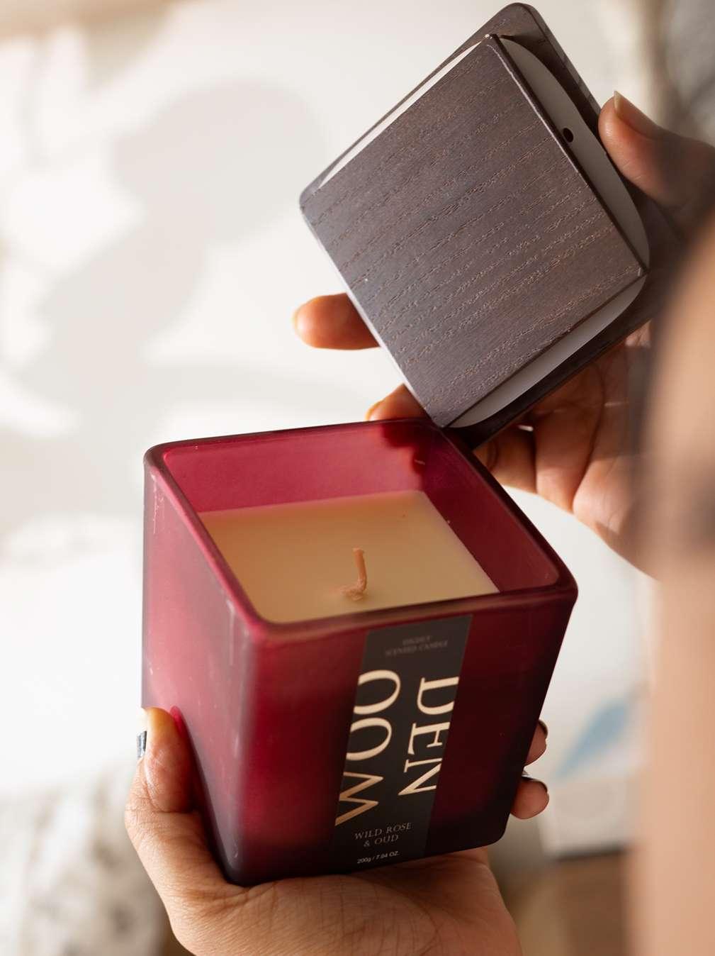 Wooden Glass Scented Candle | Wild Rose & Oud Soy Wax Candle with Wooden Lid | Long-Lasting Aromatherapy Candle for Home & Gifting