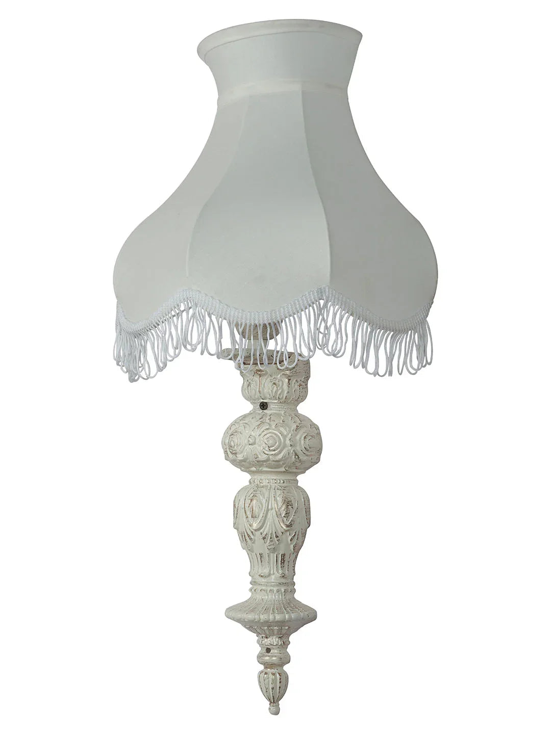 Aluminium Handcrafted Distressed Ornate Pillar Transitional Wall Sconce With Fringed Fabric Shade