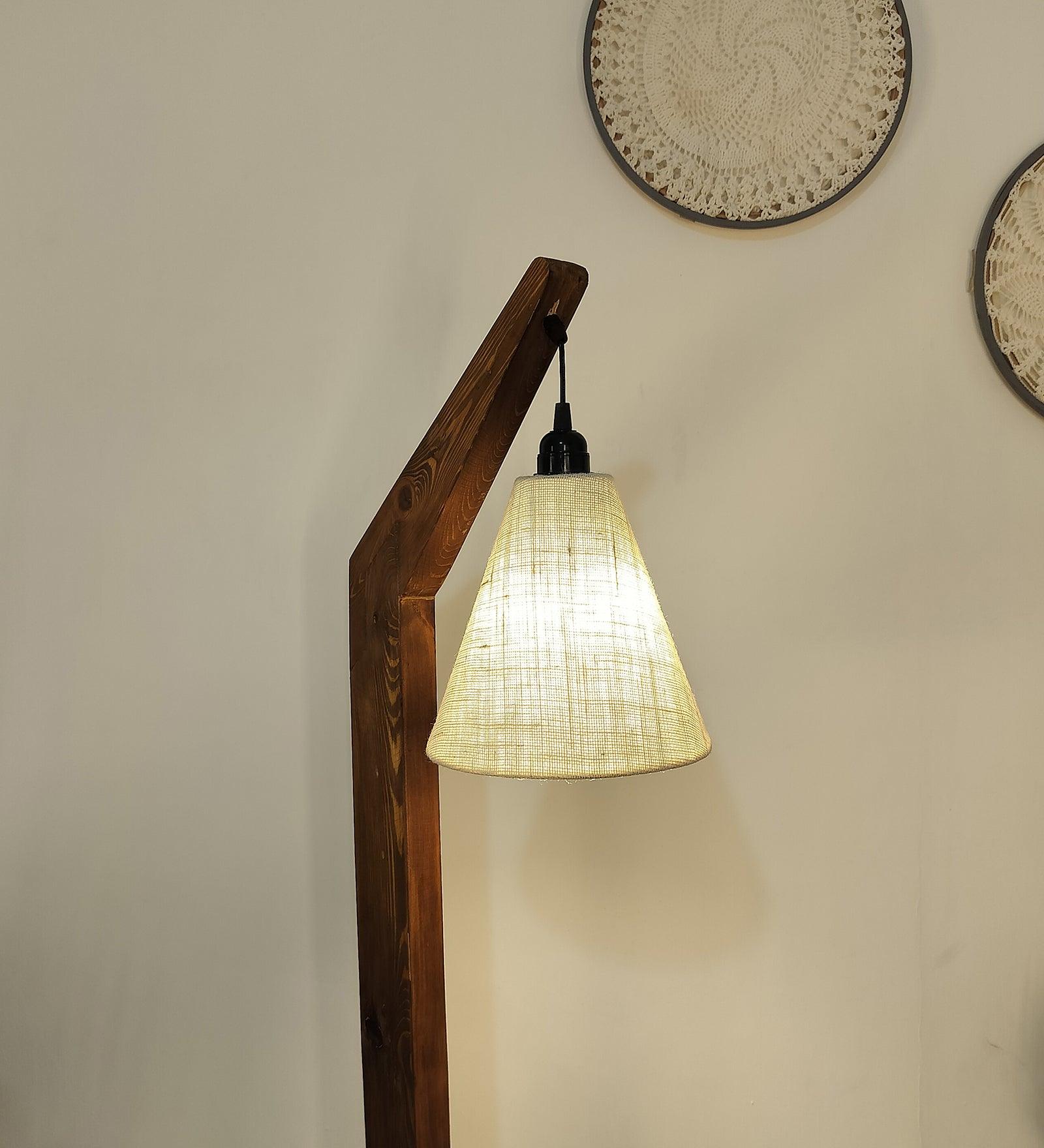 Charles Wooden Floor Lamp with Brown Base and Jute Fabric Lampshade