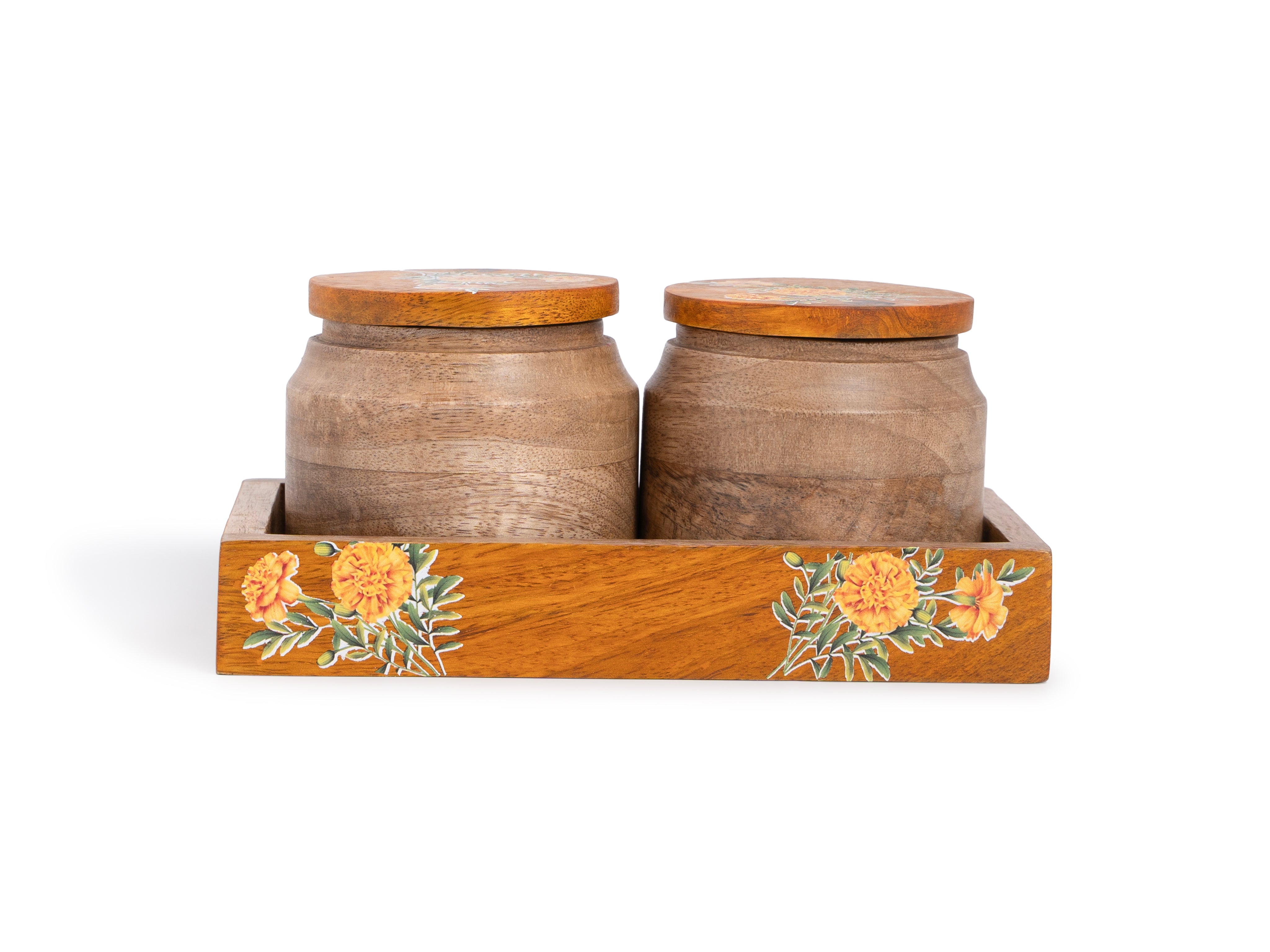 Handcrafted Wooden Jar Pair With Tray