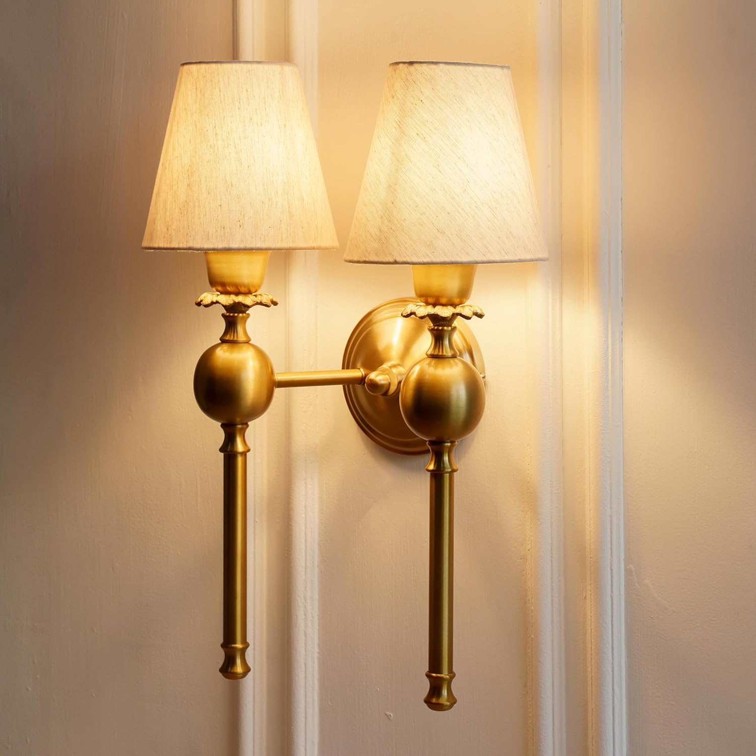 Double Ball Wall Lamp Antique Brass Finish with Off White Shade for Living Room, Bedroom and Home Decoration