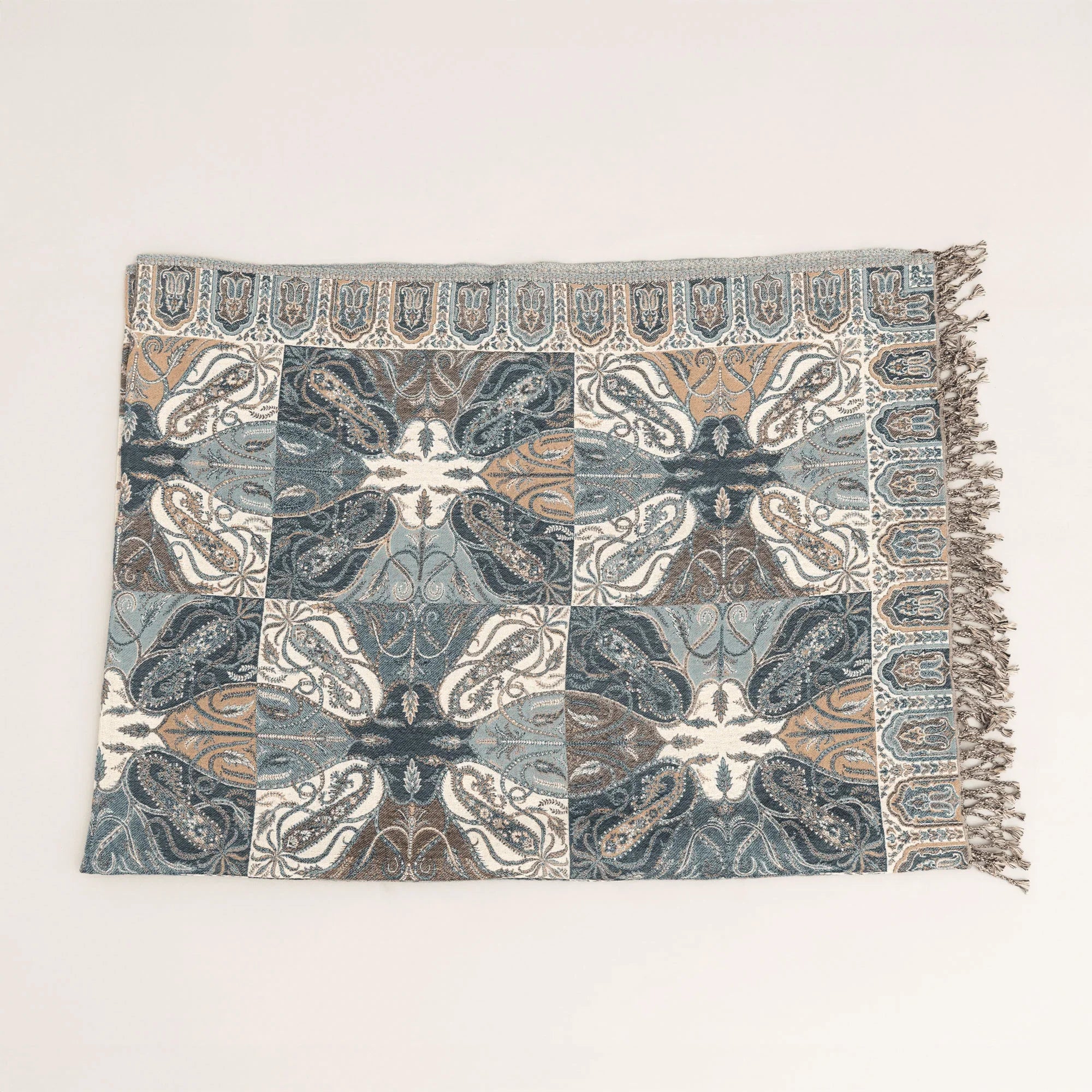 Vintage Azure Throw Blanket | Heritage Design Cotton Wool Sofa Throw for Living Room & Bedroom Decor