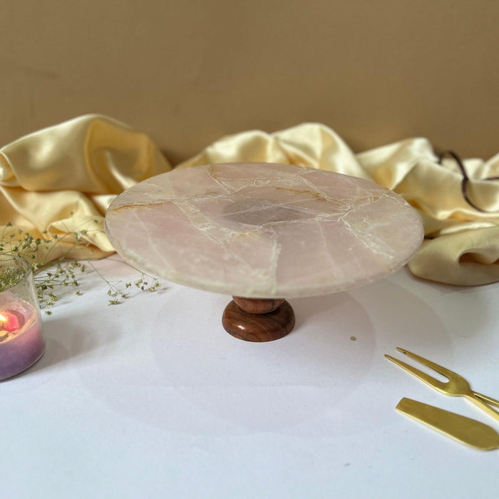 Rose Quartz Cake Stand with Metal Stand & Pastry Stand Tray for Dessert serving