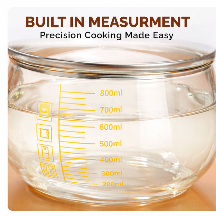 Borosilicate Glass Cooking Pot with Lid (800ml) | Heat Resistant Transparent Saucepan with Measuring Scale | Clear Soup & Milk Pot for Gas Induction & Microwave