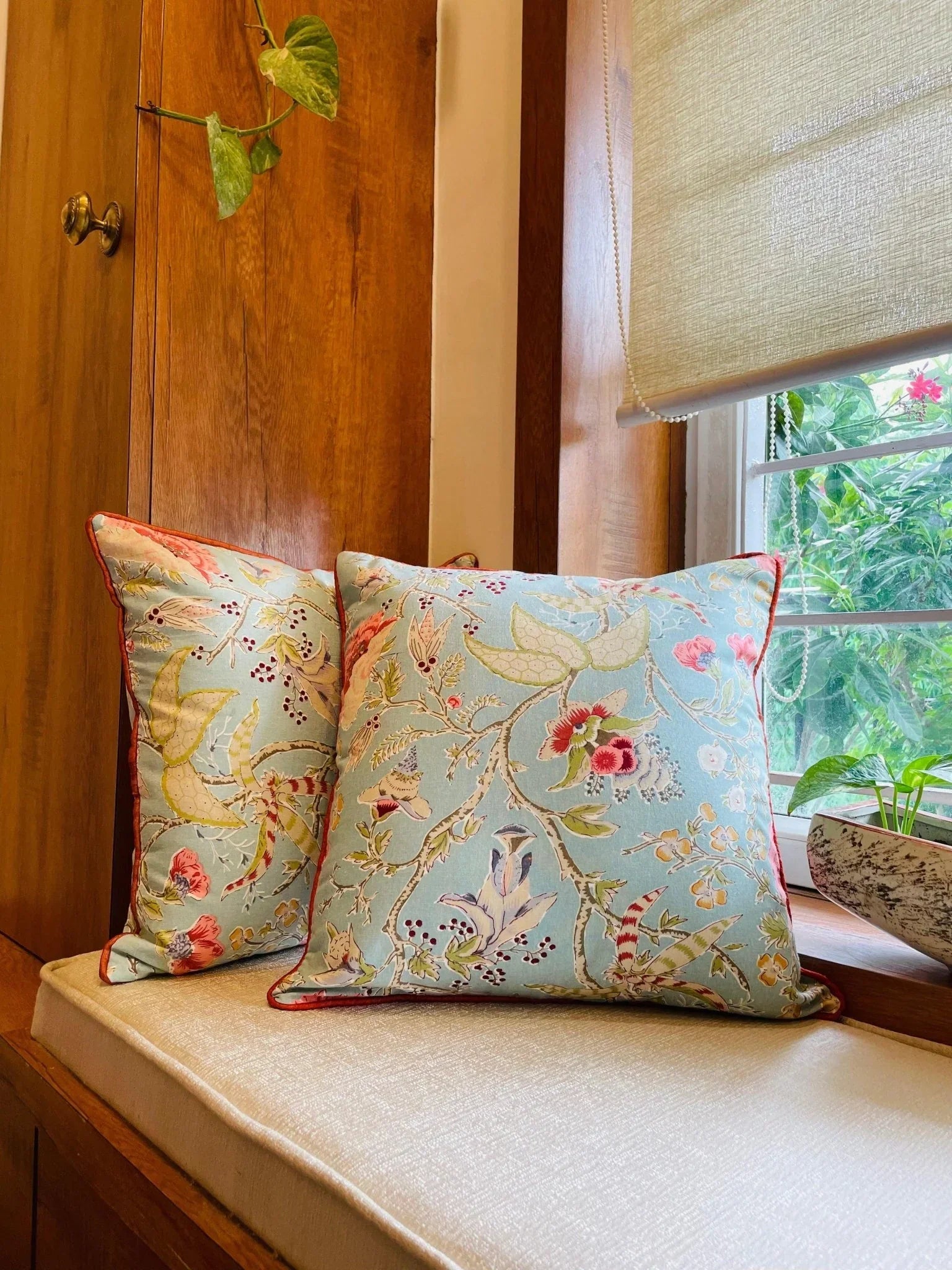 Light Blue Handblock Printed Cotton Cushion Covers - Set of 2