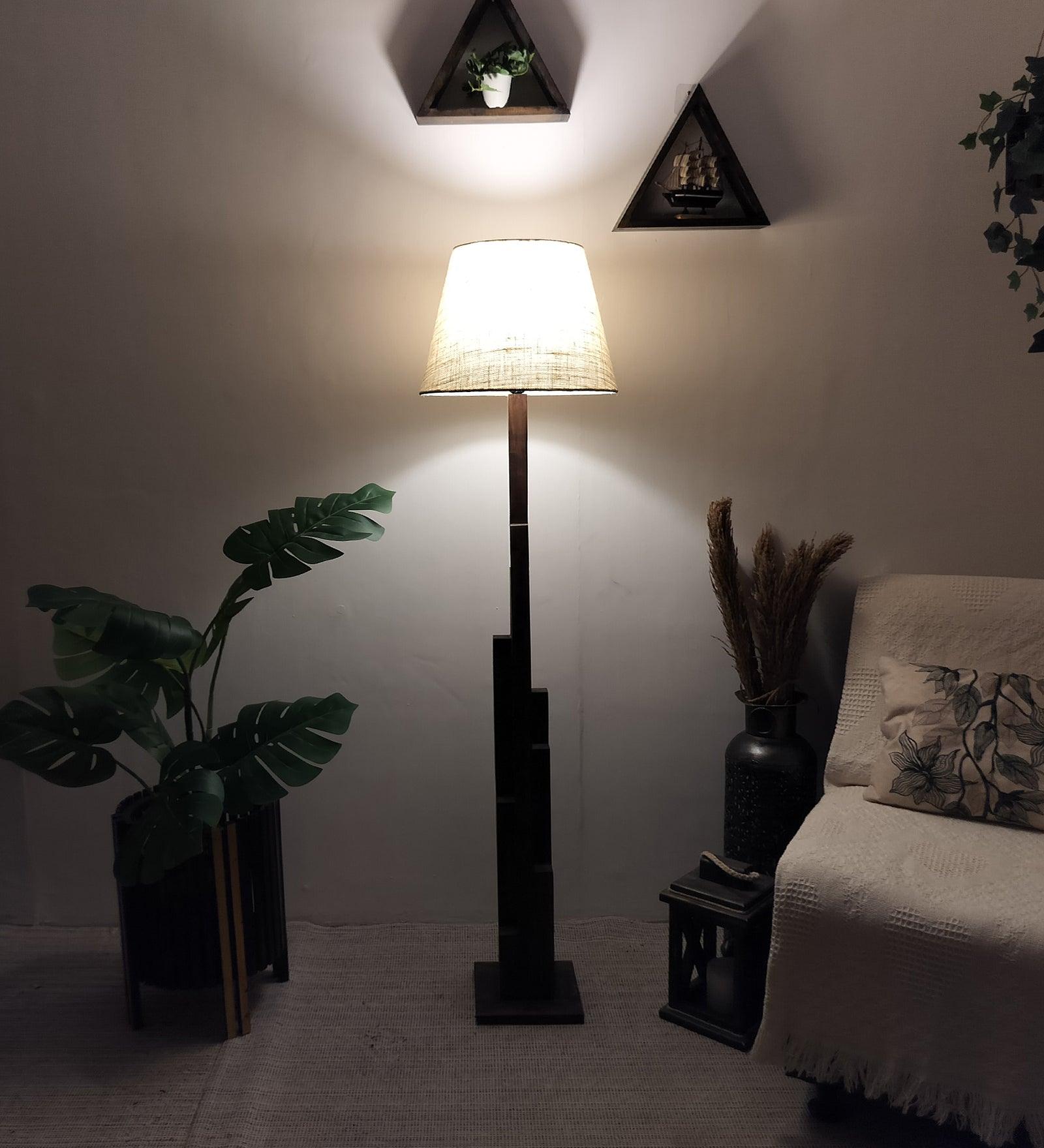 Skyline Wooden Floor Lamp with Brown Base and Yellow Printed Fabric Lampshade