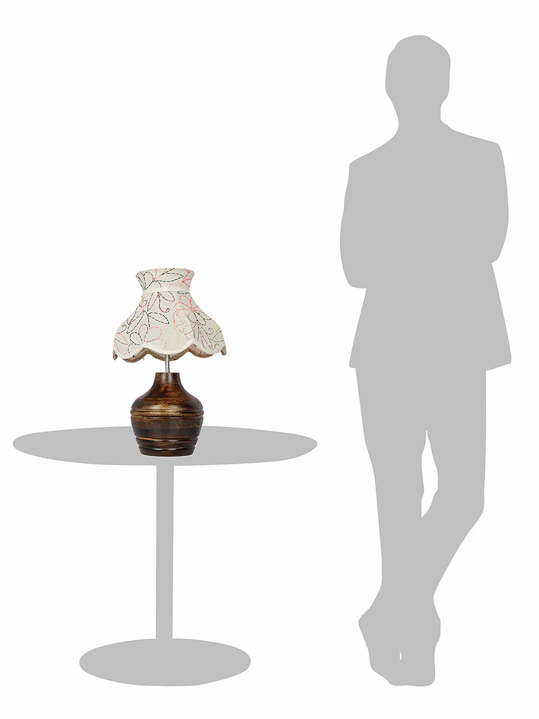 Ethnic Brown Wood Pot Table Lamp with Embroidered Scalloped Shade