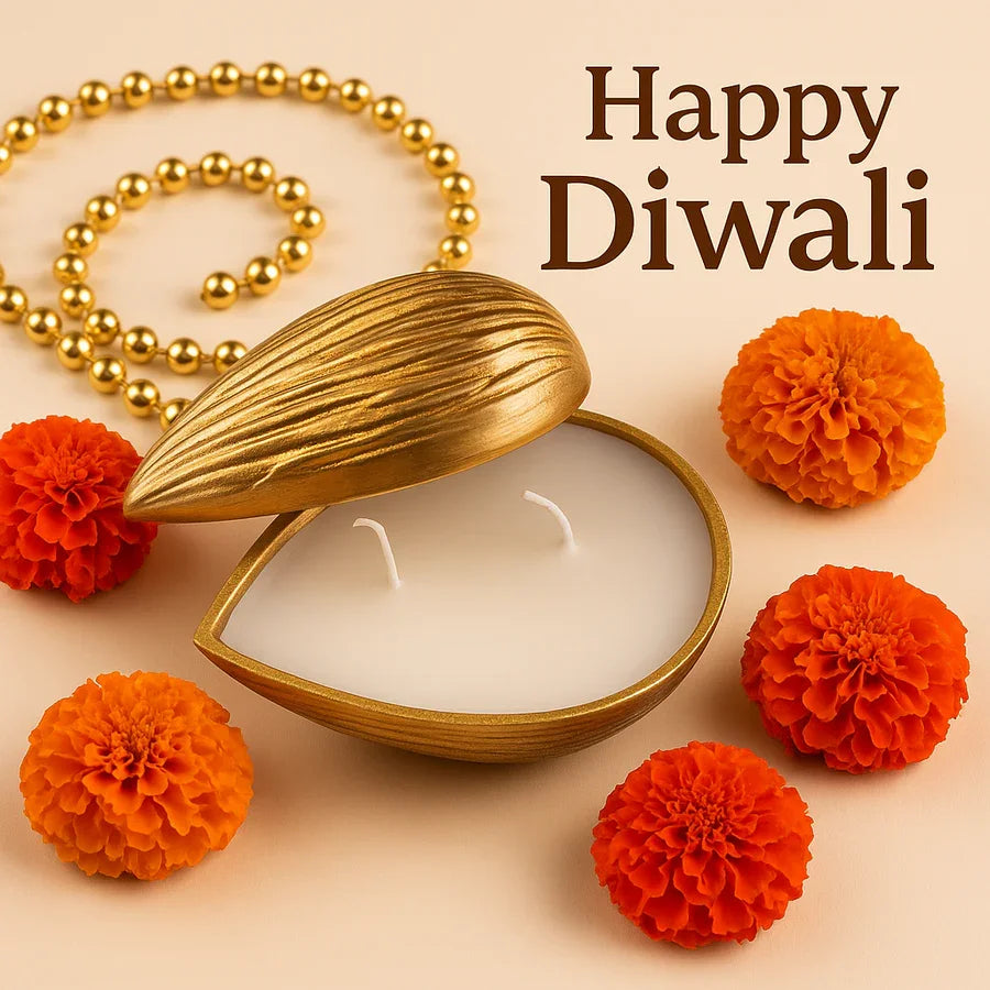 Premium Golden Almond-Shaped Candle with Lid | Pre-Filled Aroma Wax | Decorative Metal Container