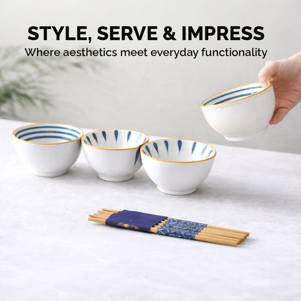 250ml Ceramic Bowl Set of 4 with 8 Chopsticks | 11.3 cm Snack & Rice Bowls | Microwave & Dishwasher Safe | BPA & Lead-Free | Ideal for Dal, Fruits, Salad & Serving