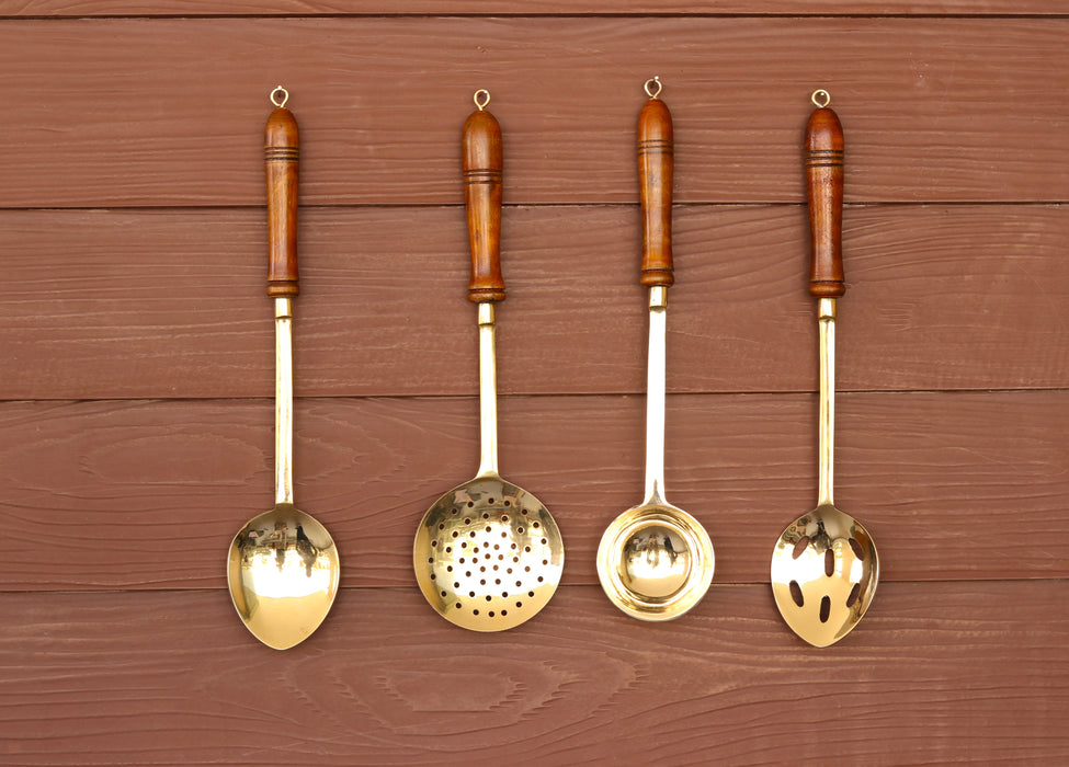 Brass Serving Ladles With Wooden Handles Set Of 4 | Kansa Kitchen Utensils