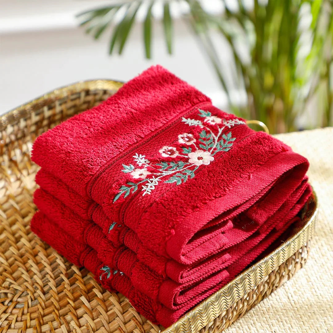 Aracelli Embroidered Maroon Face Towel Set Of 4