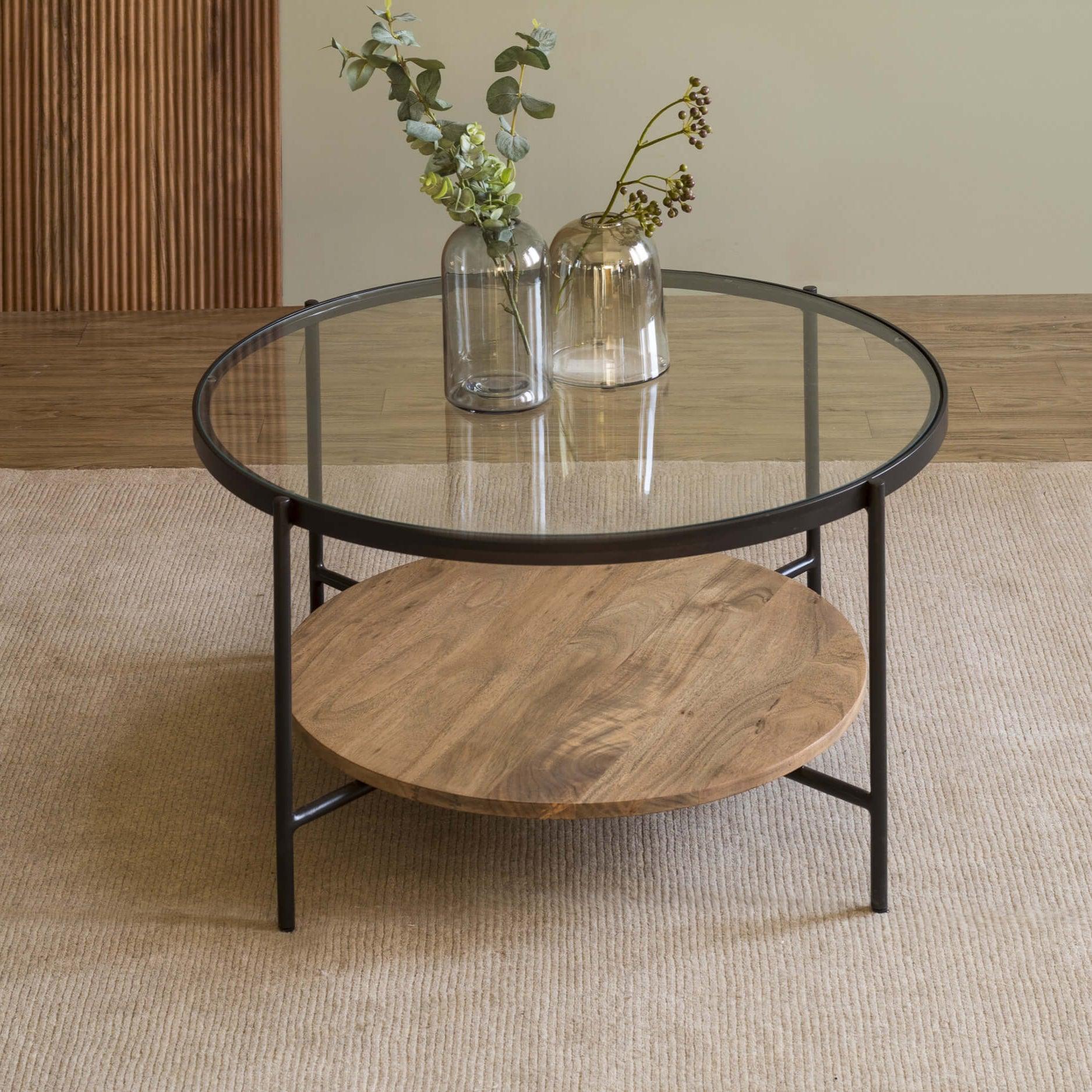 Mira Round Coffee Table | Glass & Wooden Center Table for Living Room | Tea Table