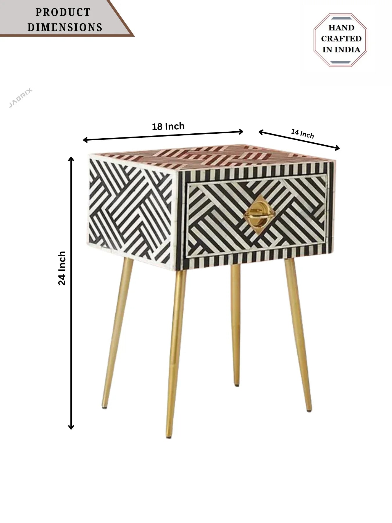 Inlay Bedside Table with Gold Legs - Chevron
