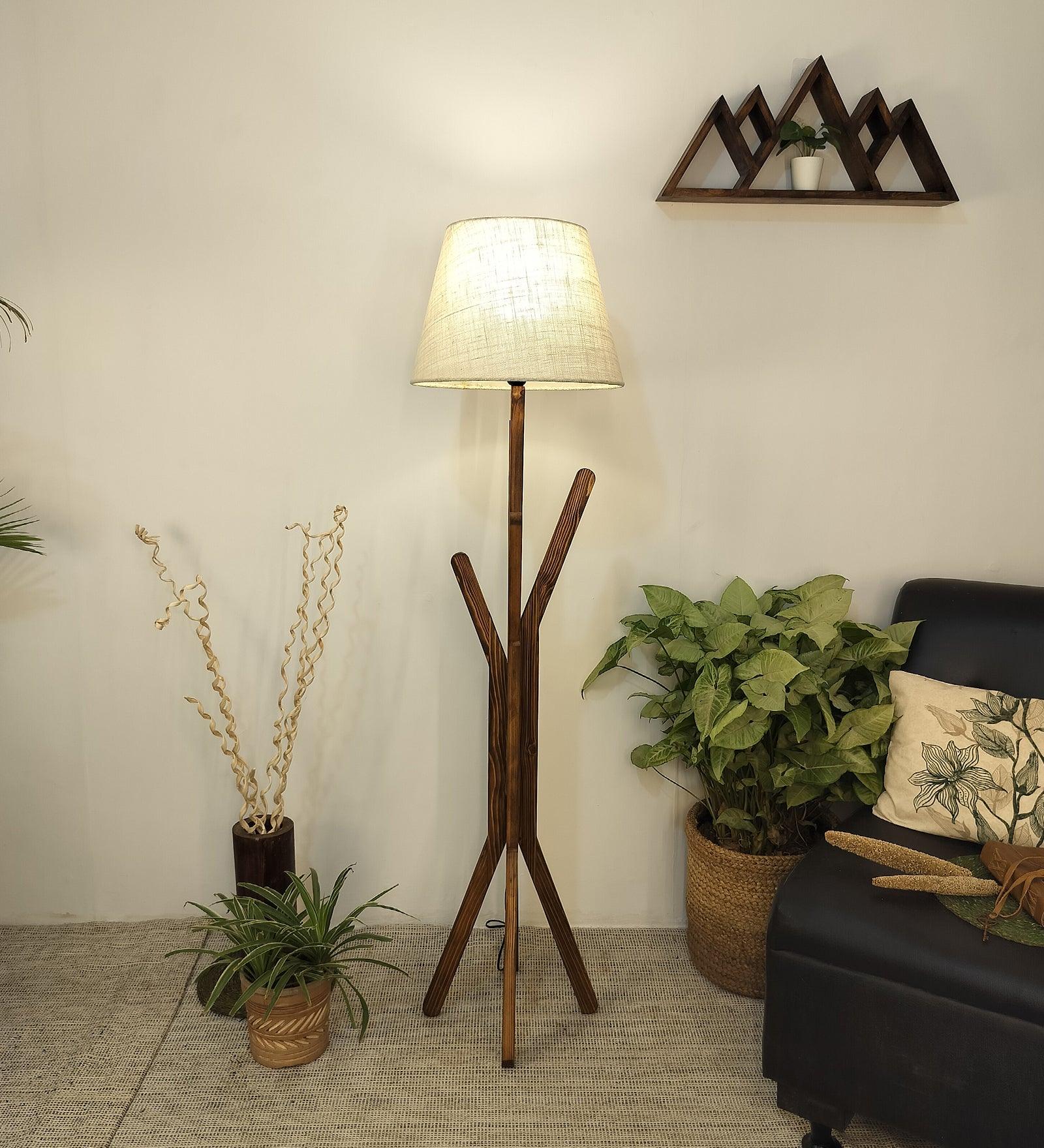 Vrikshya Wooden Floor Lamp with Brown Base and Premium Beige Fabric Lampshade