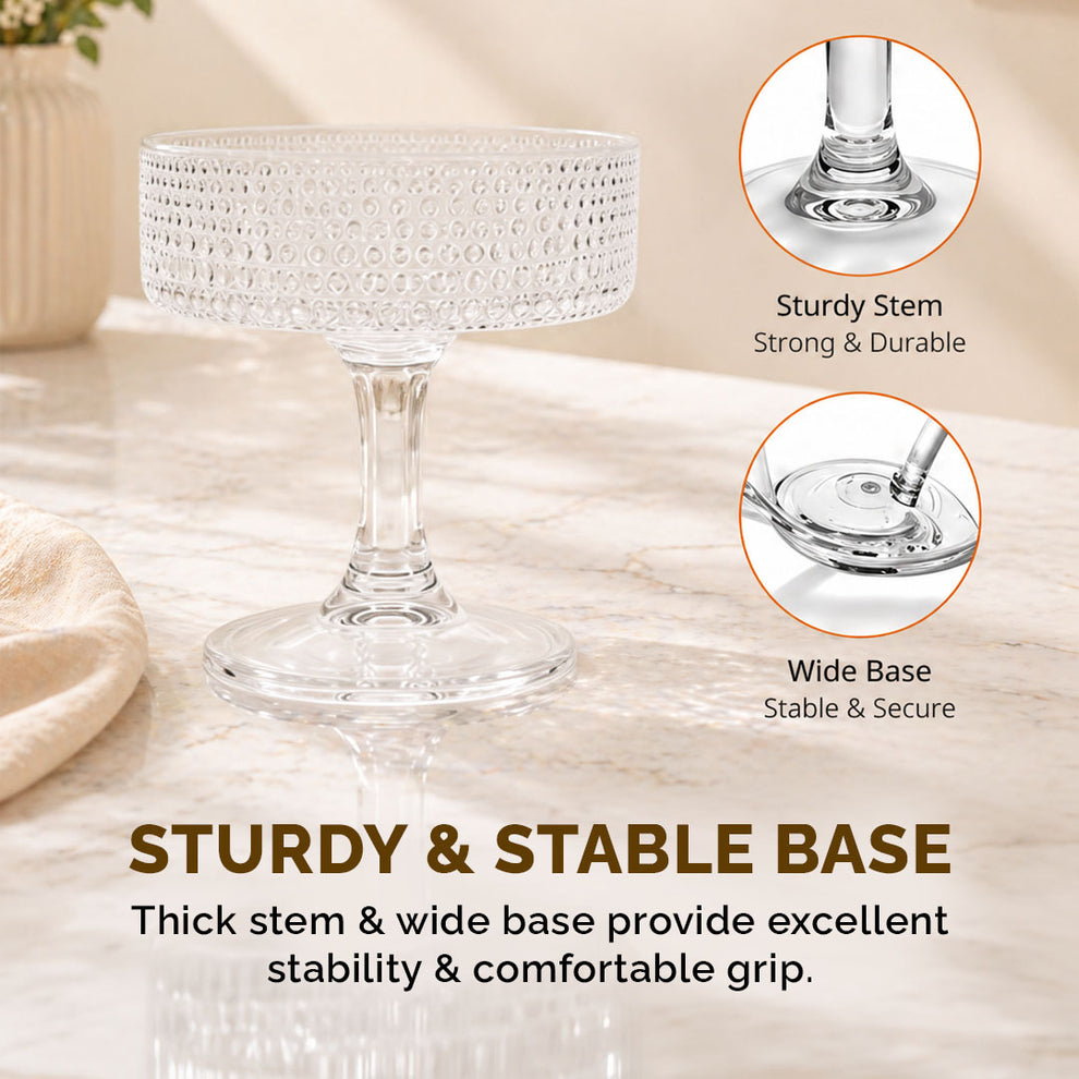 Glass Ice Cream Cups Set of 6 (185ml Each) | Premium Textured Dessert Bowls for Sundae, Pudding & Sweets | Food-Safe, Durable & Scratch-Resistant | Elegant Transparent Stem Design
