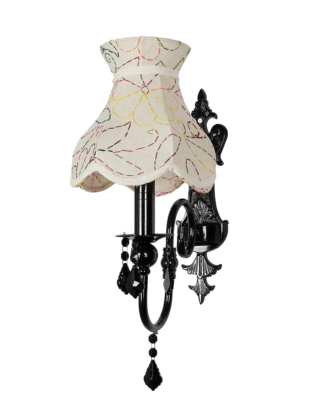 Black Wall Sconce with Green Embroidered Scalloped Shade and Crystals