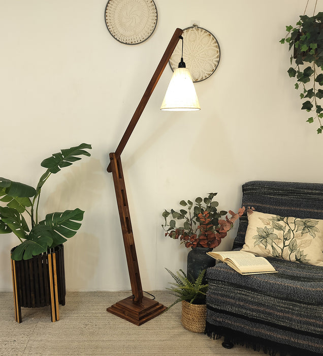 Fisher Wooden Floor Lamp with Brown Base and Jute Fabric Lampshade