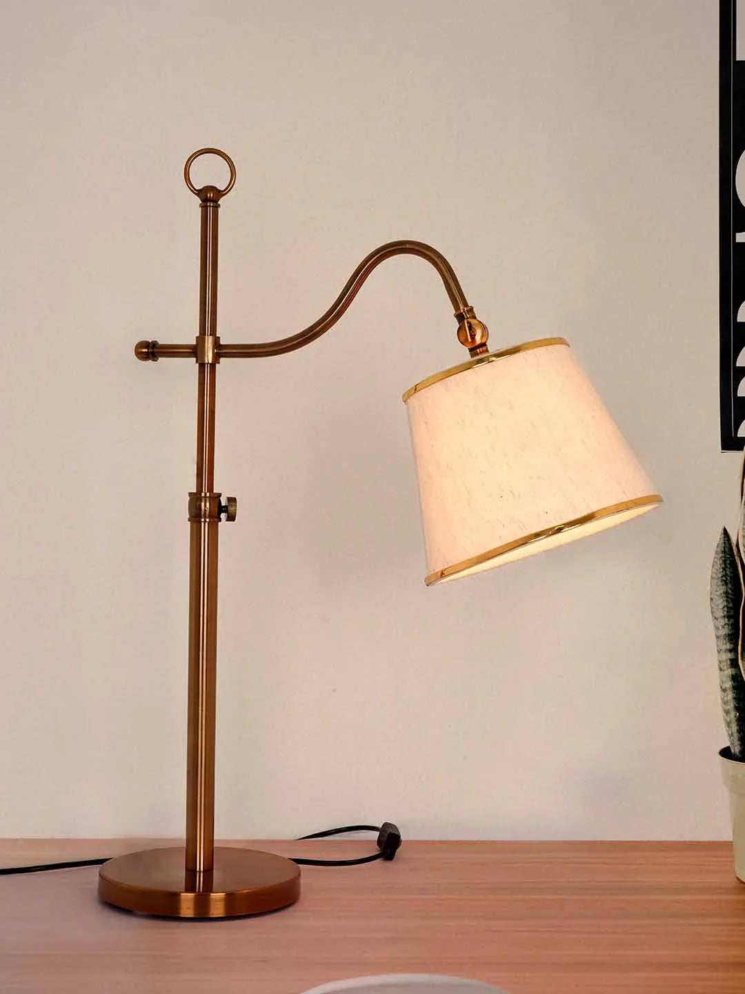 Gold Adjustable European 23 Inch Steel Downlight Study Lamp Table Light With White Textured Gold Rim Fabric Shade