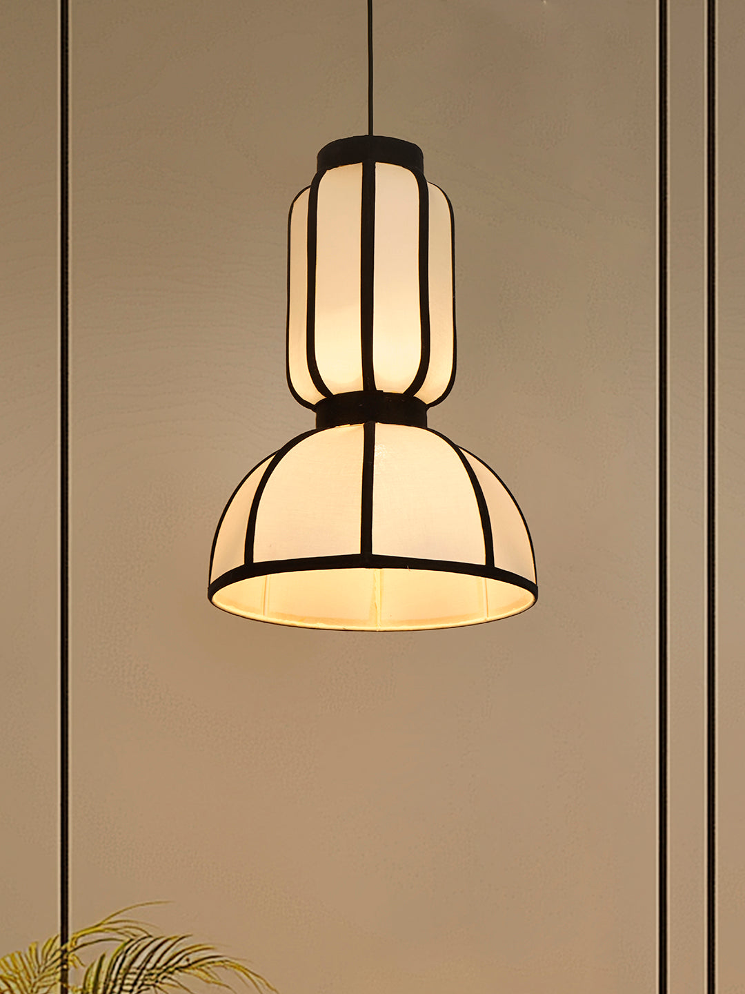 18-Inch Japandi Capsule   Fabric Pendant | Zen Asian Style Two-Tier White Lantern with Black Ribbing