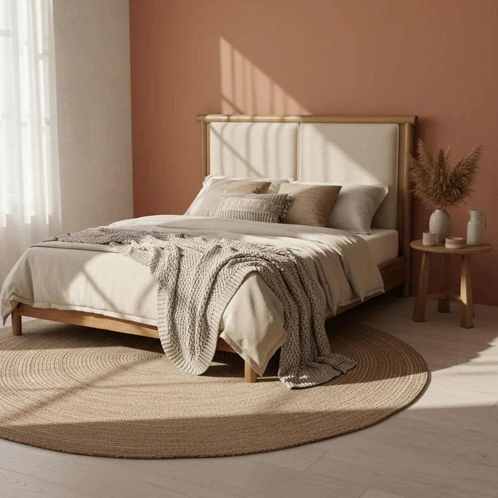 Sylvera Solid Teak Wood And Fabric Upholstery King Size Bed
