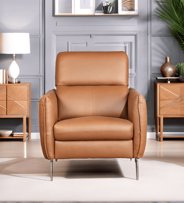 Navona Genuine leather modern sofa with functional headrest In Tan Colour.