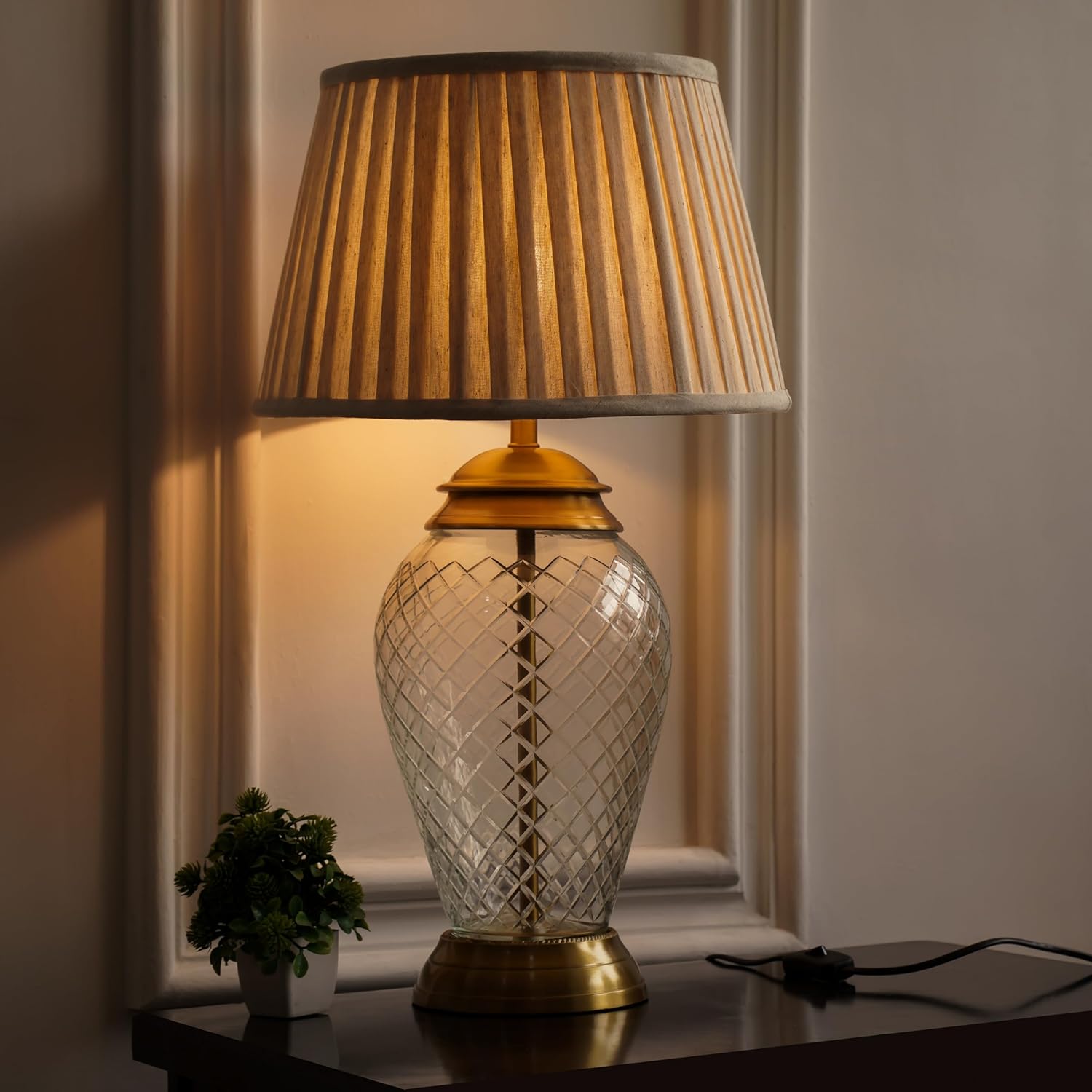 Royal Pure Brass Antique Finish And Diamond Cut Glass Table Lamp 23 Inches Height With Off White Pleated 14 Inches Diameter Lampshade