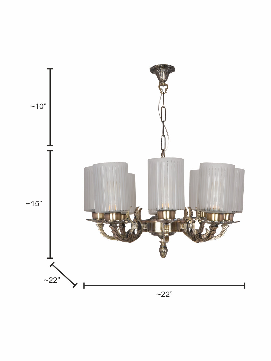 Classic 22 Inch Wide 8-Light Aluminium Ceiling Chandelier Hanging With Vertical Striped Cylindrical Glass Shades