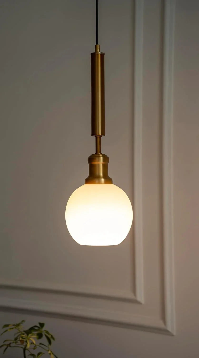 Globe Hanging Pendant Light Antique Brass Finish with Frosted Milky White Glass for Living Room, Bedroom and Home Decoration