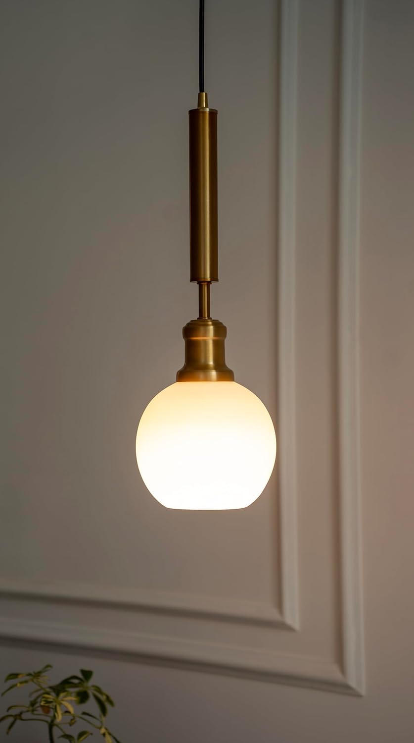 Globe Hanging Pendant Light Antique Brass Finish with Frosted Milky White Glass for Living Room, Bedroom and Home Decoration