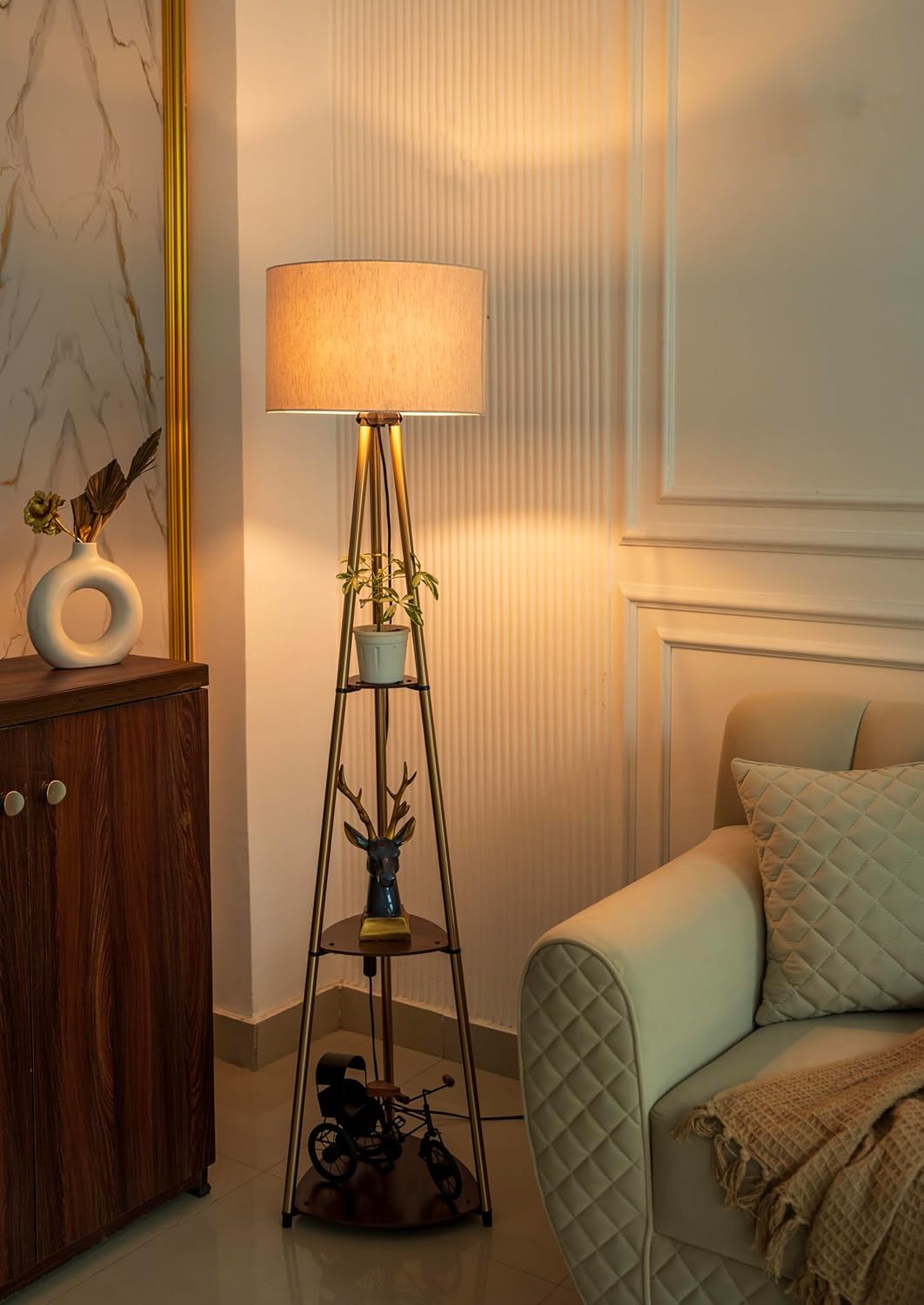 3 Shelves Floor Lamp Brass Antique Finish 5 Feet Height with 14” Diameter Off White Drum Shade for Living Room, Bedroom and Home Decoration