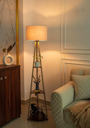 3 Shelves Floor Lamp Brass Antique Finish 5 Feet Height with 14” Diameter Off White Drum Shade for Living Room, Bedroom and Home Decoration