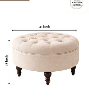 Classic Round Floral Ottoman – Soft Tufted Seat with Sagwan Wooden Base