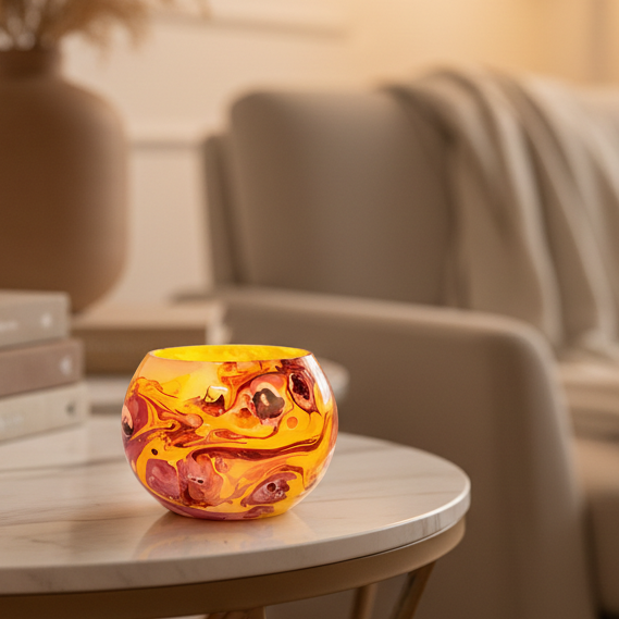 Swirling Sunset: Round Glass Tea Light Holder with Red & Yellow Marble Effect