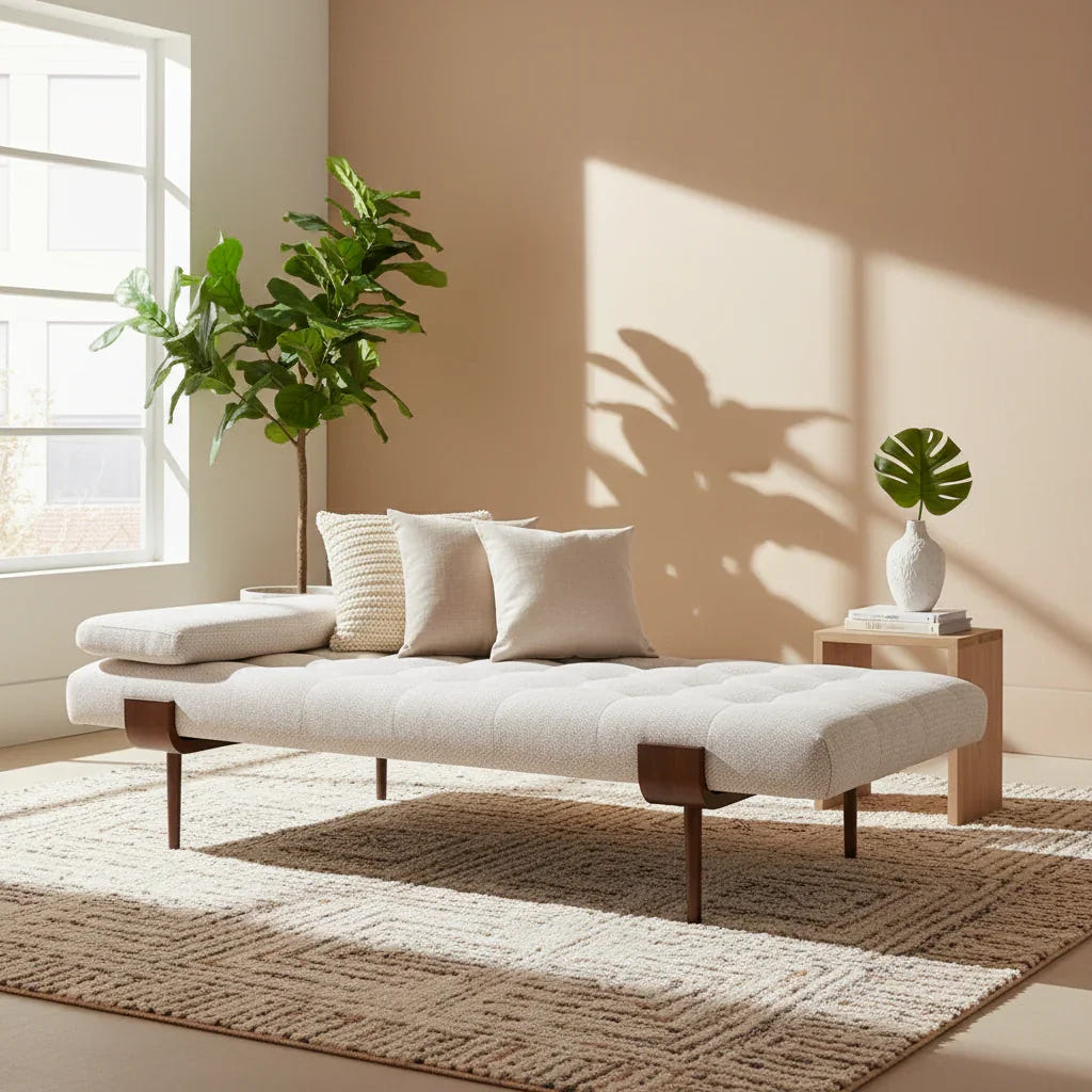 TUFTO Solid Bench Teak Wood Daybed with Fabric Upholstery | Modern Wooden Chaise Lounge
